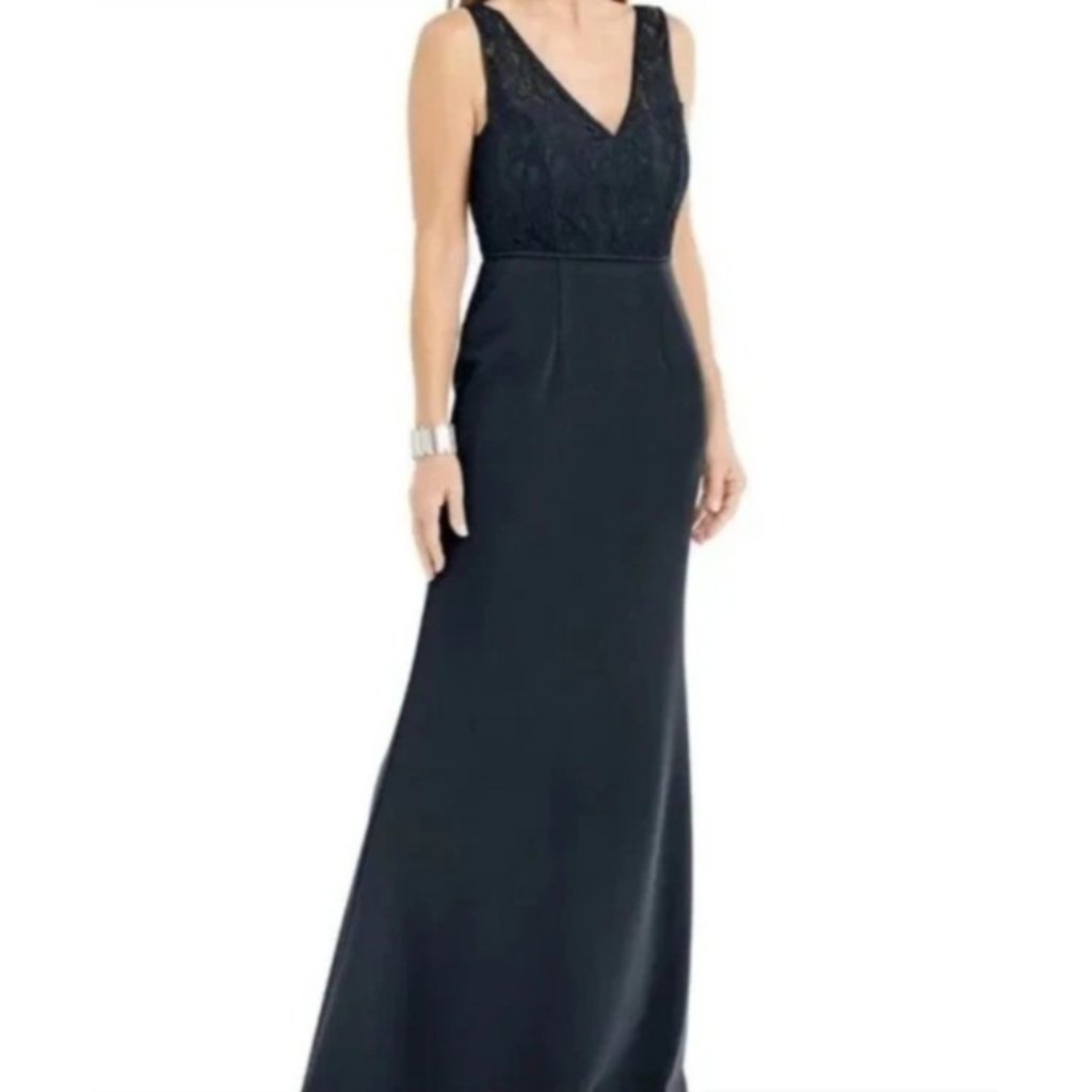 Adrianna Papell Size 4 Navy Illusion Sleeveless Lace Crepe Maxi Dress Gown New